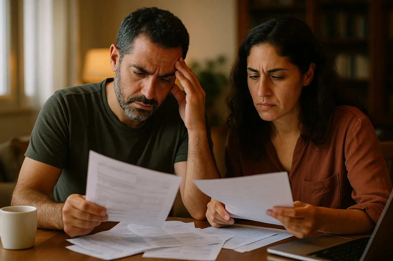 זוג בוחן מסמכי משכנתא