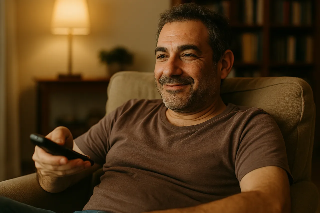 גבר יושב בכורסא ורואה טלוויזיה